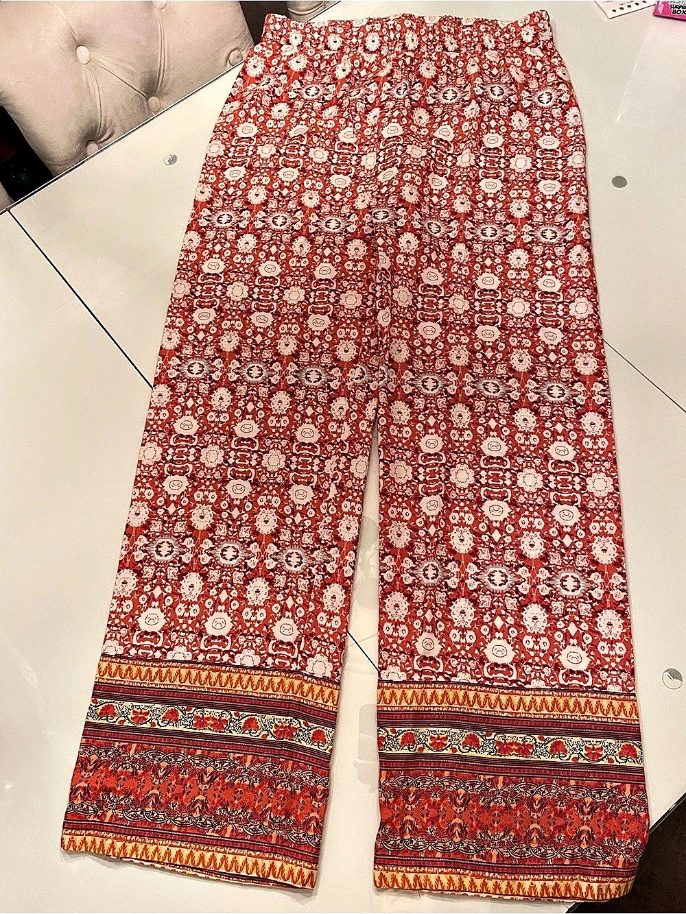 Linen flowy Wide Leg Pants in Red & White Size large